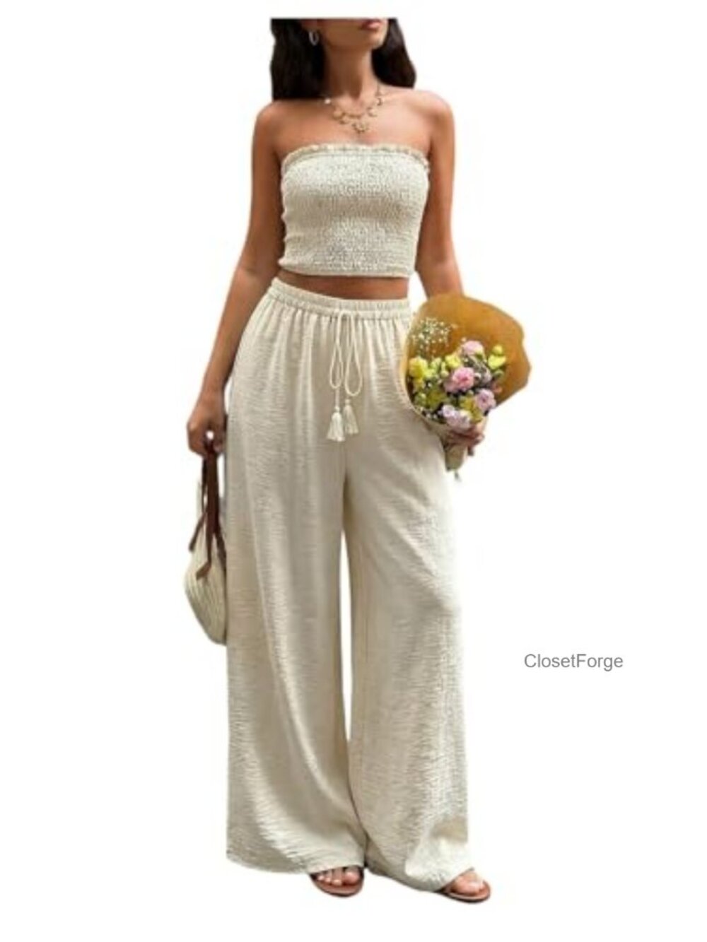 Women's 2 Piece Smocked Tube Top Wide Leg Pants Set Vacation Outfit
